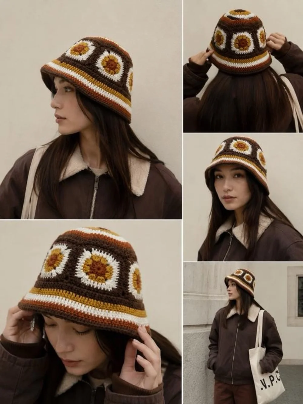Zara Crochet Knit Flower Bucket Hat - Brown/Yellow/White